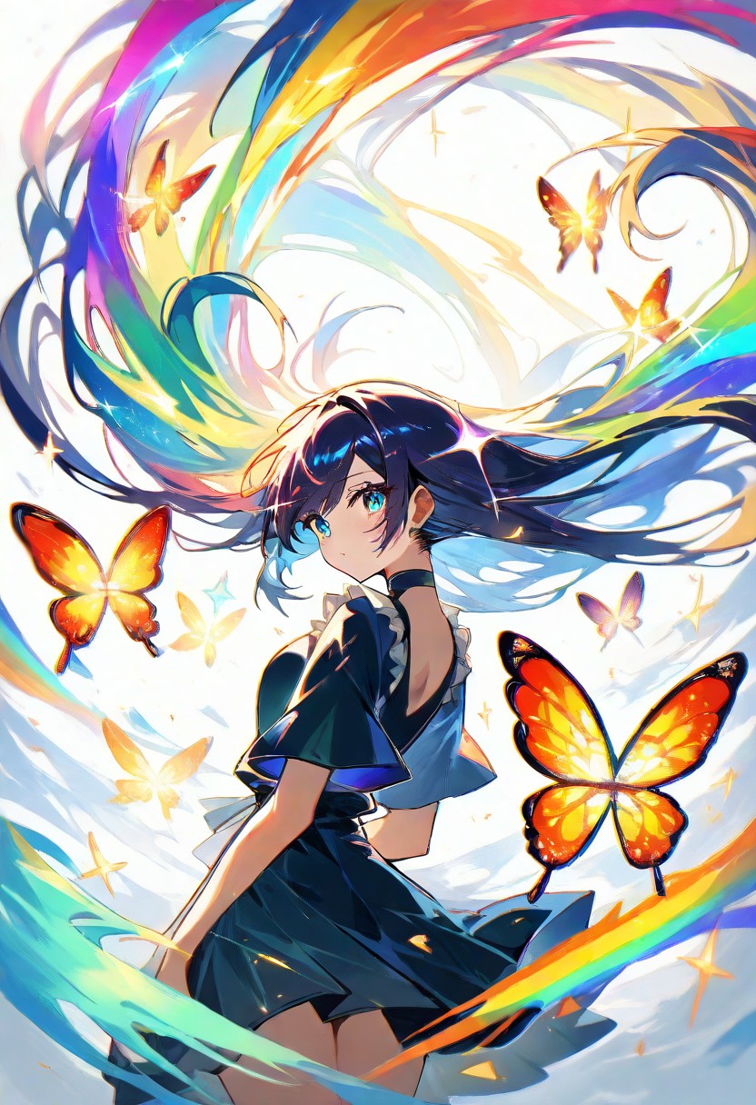 髪が虹色の帯と蝶に分解していく人物のイラスト