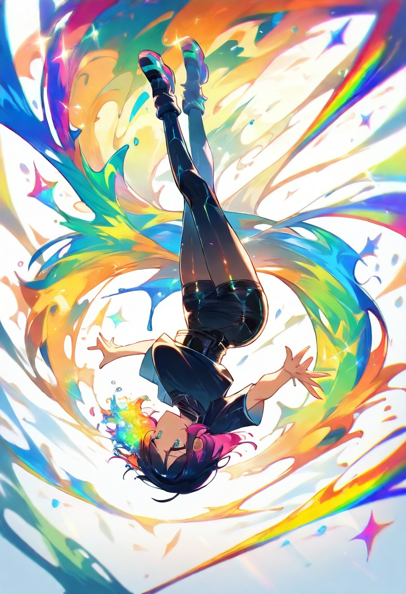 虹色の渦の中を逆さまに落下する人物のイラスト