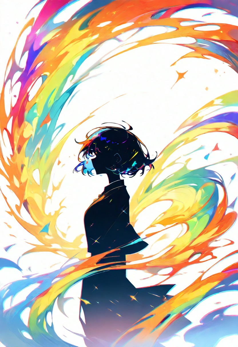 人物を黒いシルエットにし、周囲だけを極彩色にしたイラスト
